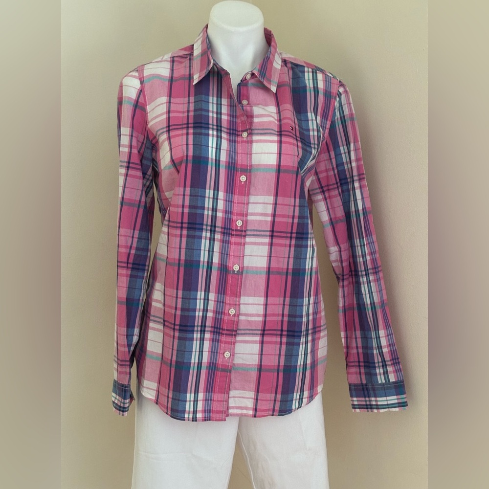 TOMMY Hilfiger Classic Fit Casual Pink Blue & White Plaid Button Down Shirt Sz L
